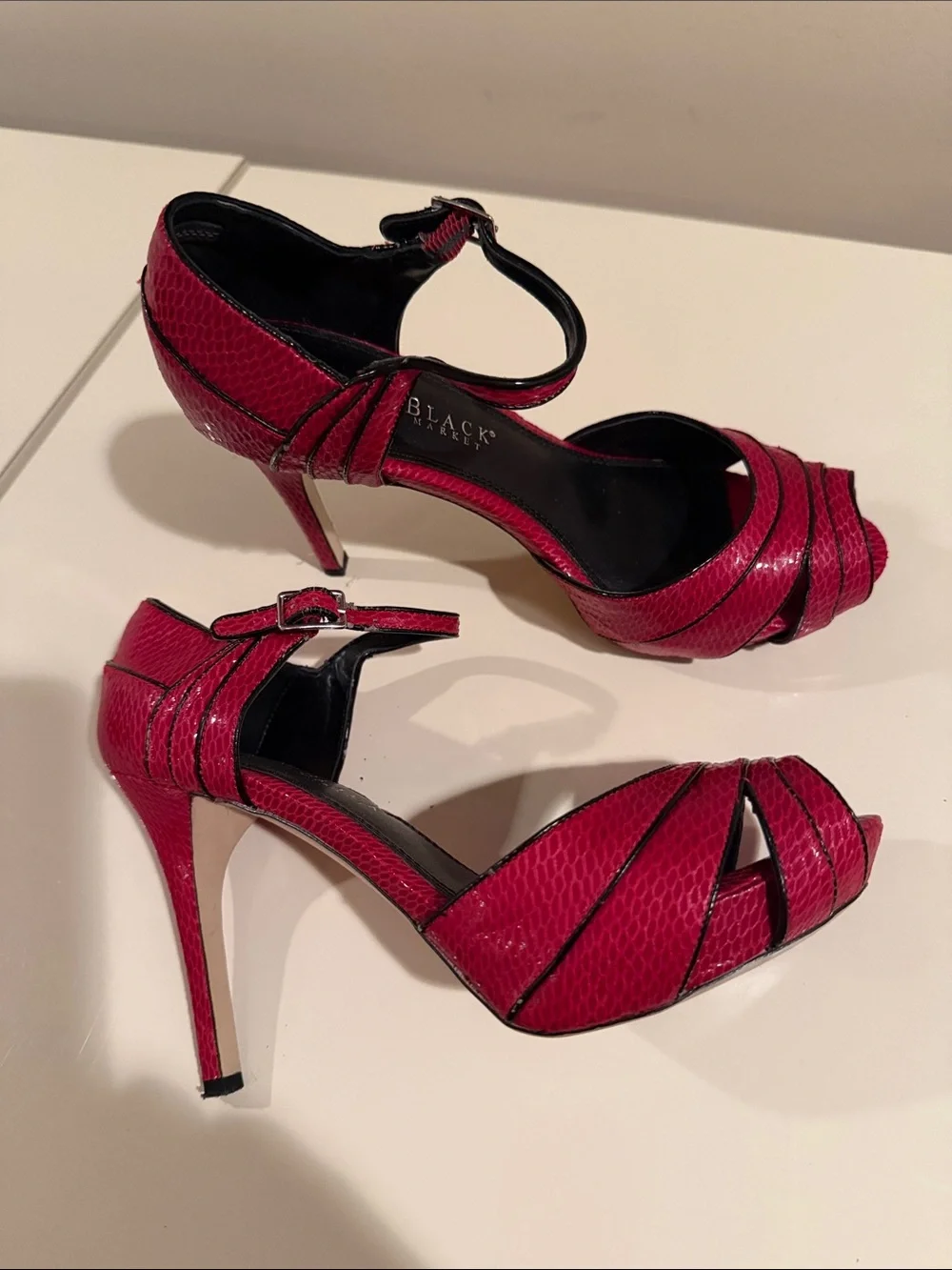White House Black Market Fuchsia Snake-Embossed Ankle-Strap Peep-Toe Heels